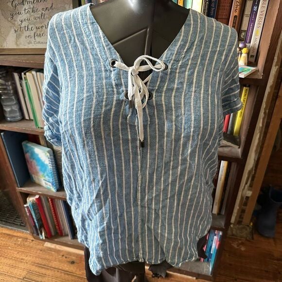 Rails blue & white striped linen blend lace up slouchy blouse - Picture 2 of 4